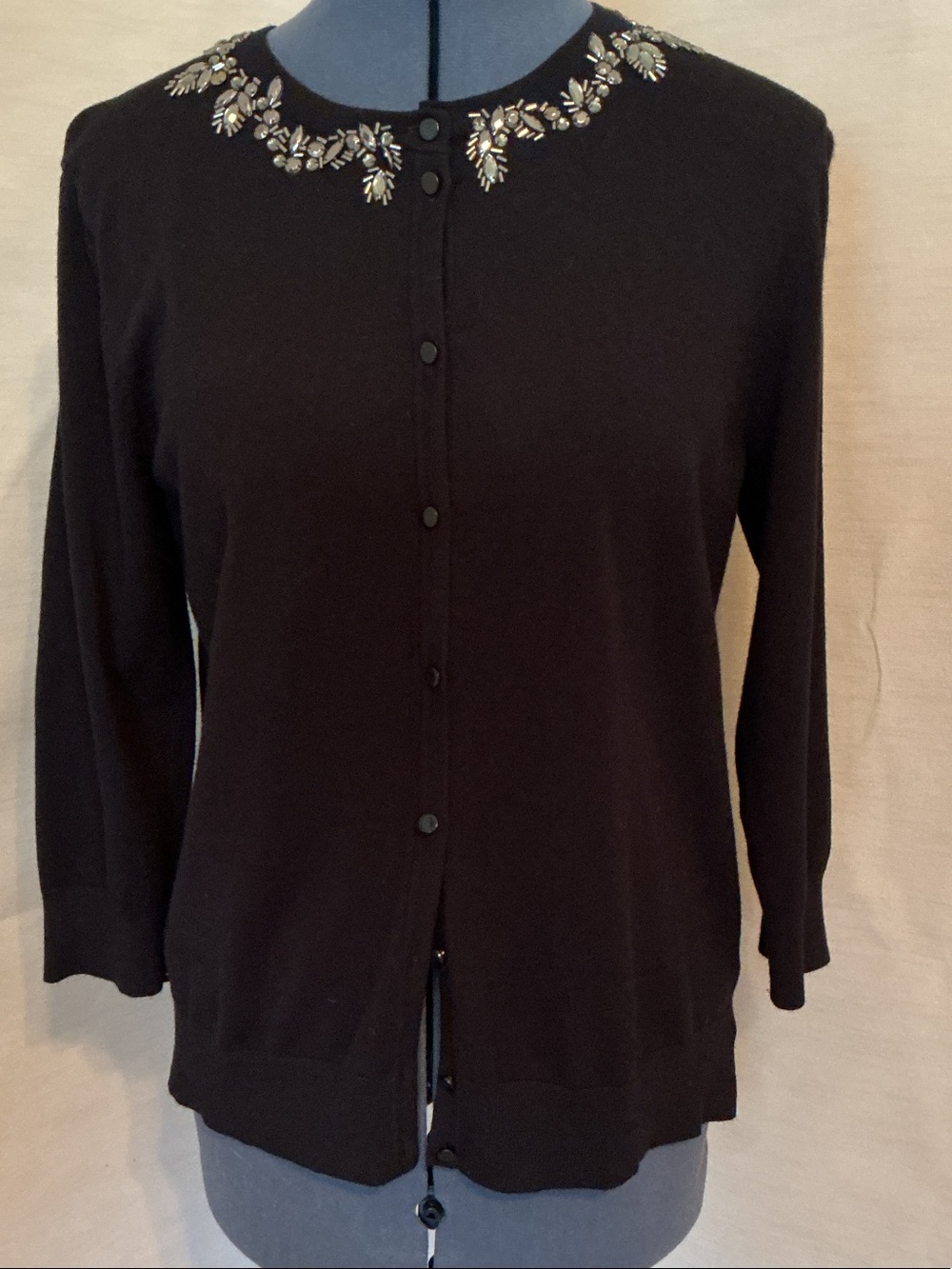 Cable & Gauge Black Cardigan with Jeweled Neckline